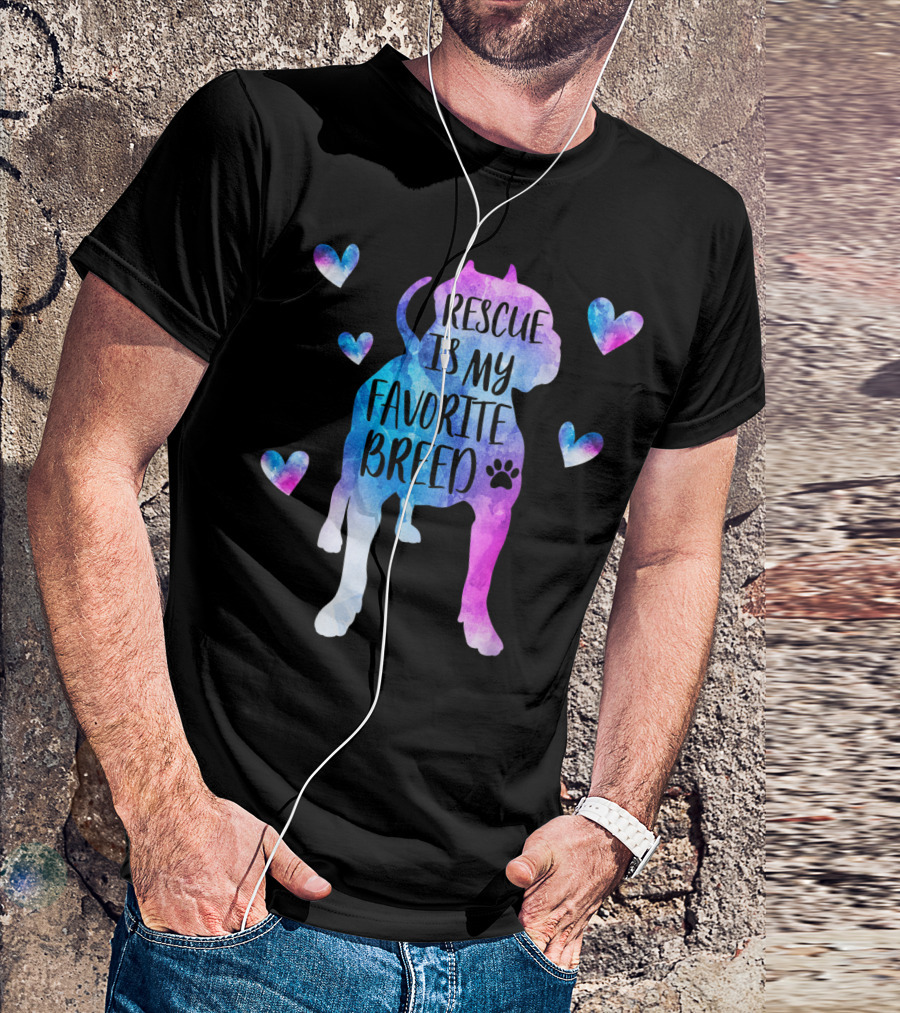 Rescue Is My Favorite Breed Watercolor Pitbull Hearts T-Shirt