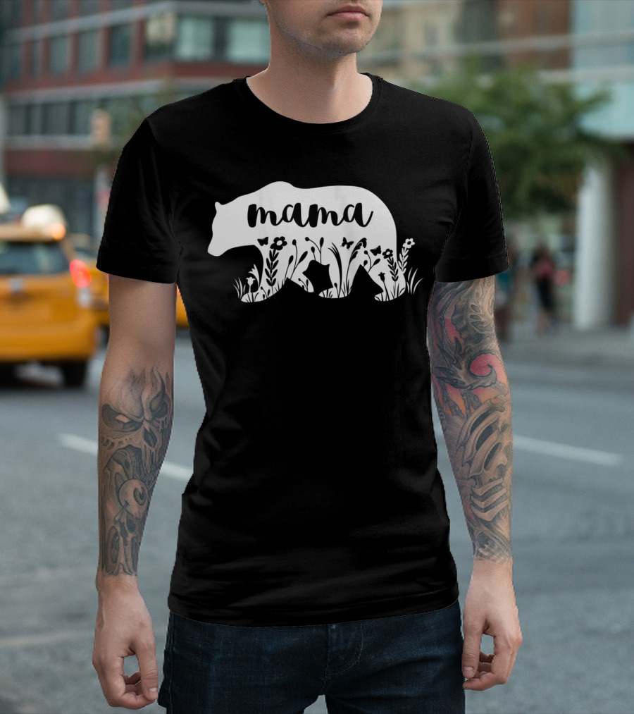 Mama Bear Floral With Flowers And Butterflies Motif T-Shirt