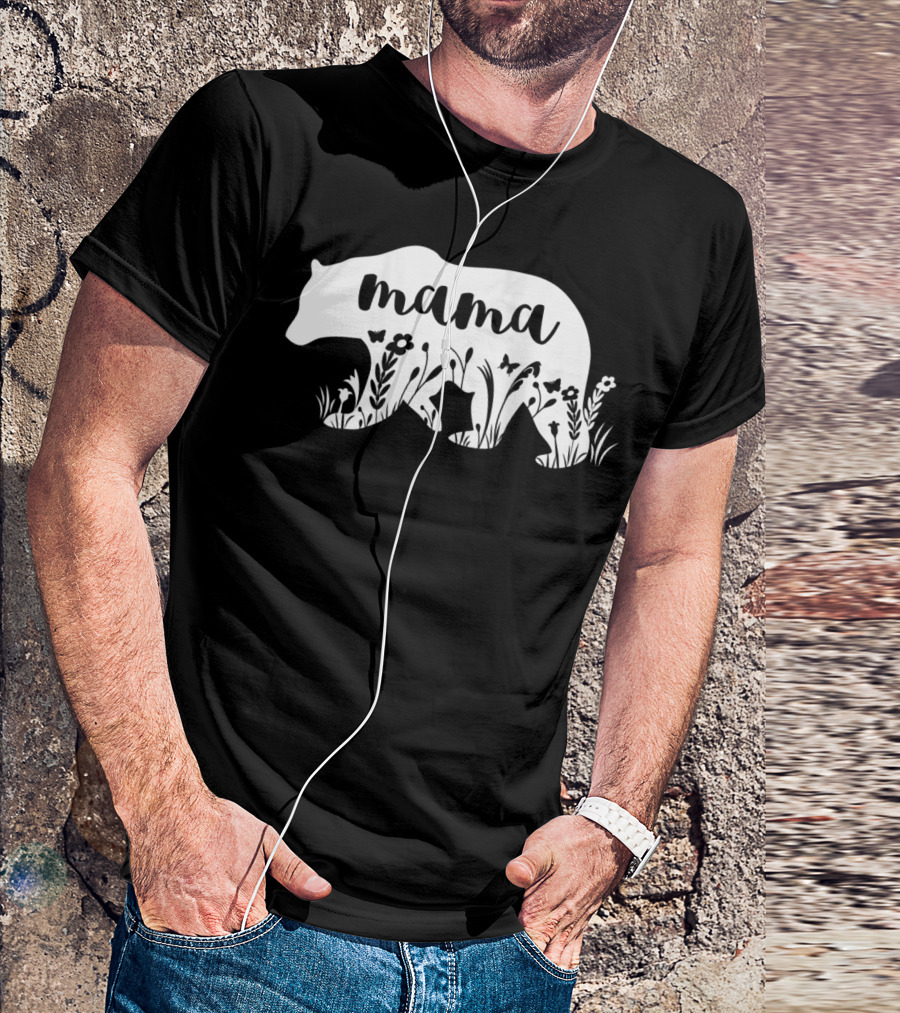 Mama Bear Floral With Flowers And Butterflies Motif T-Shirt