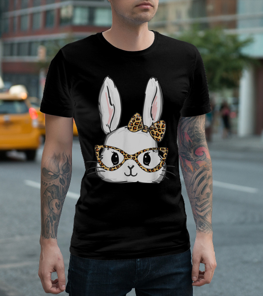 Bunny Rabbit Leopard Glasses Bow Easter T-Shirt