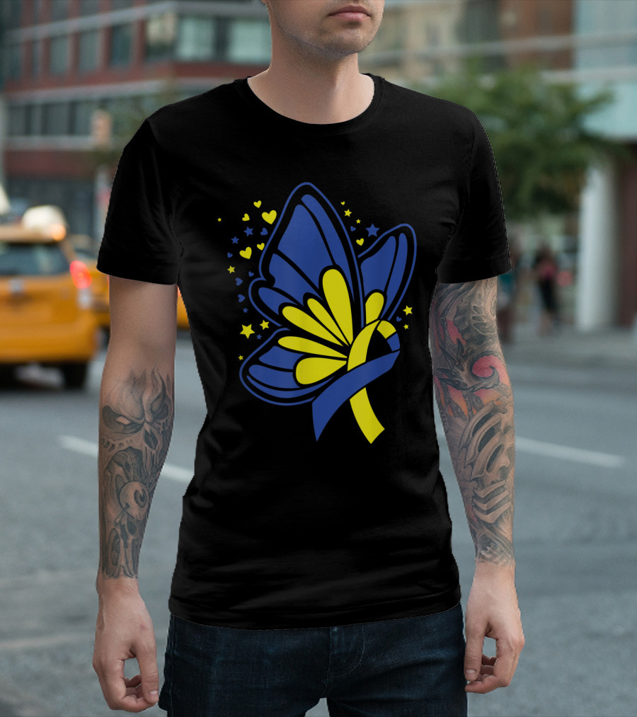 Butterfly T21 World Down Syndrome Awareness Day Ribbon Hearts and Stars T-Shirt