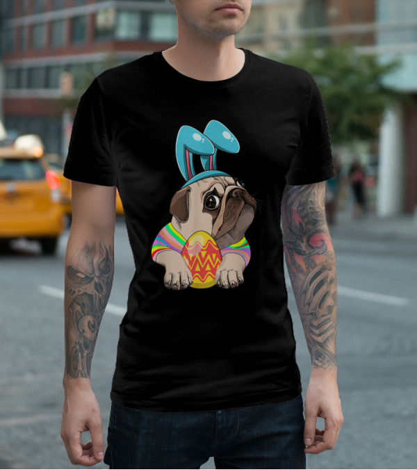 Cute Easter Pug With Bunny Ears Hugging Egg T-Shirt