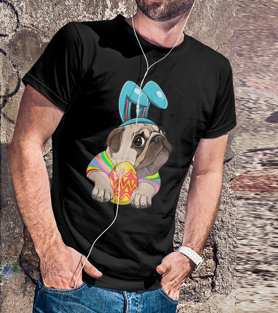 Cute Easter Pug With Bunny Ears Hugging Egg T-Shirt