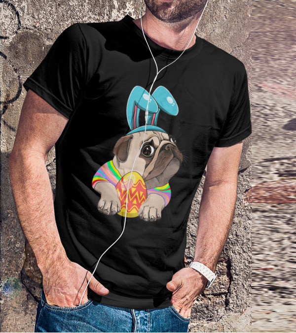 Cute Easter Pug With Bunny Ears Hugging Egg T-Shirt