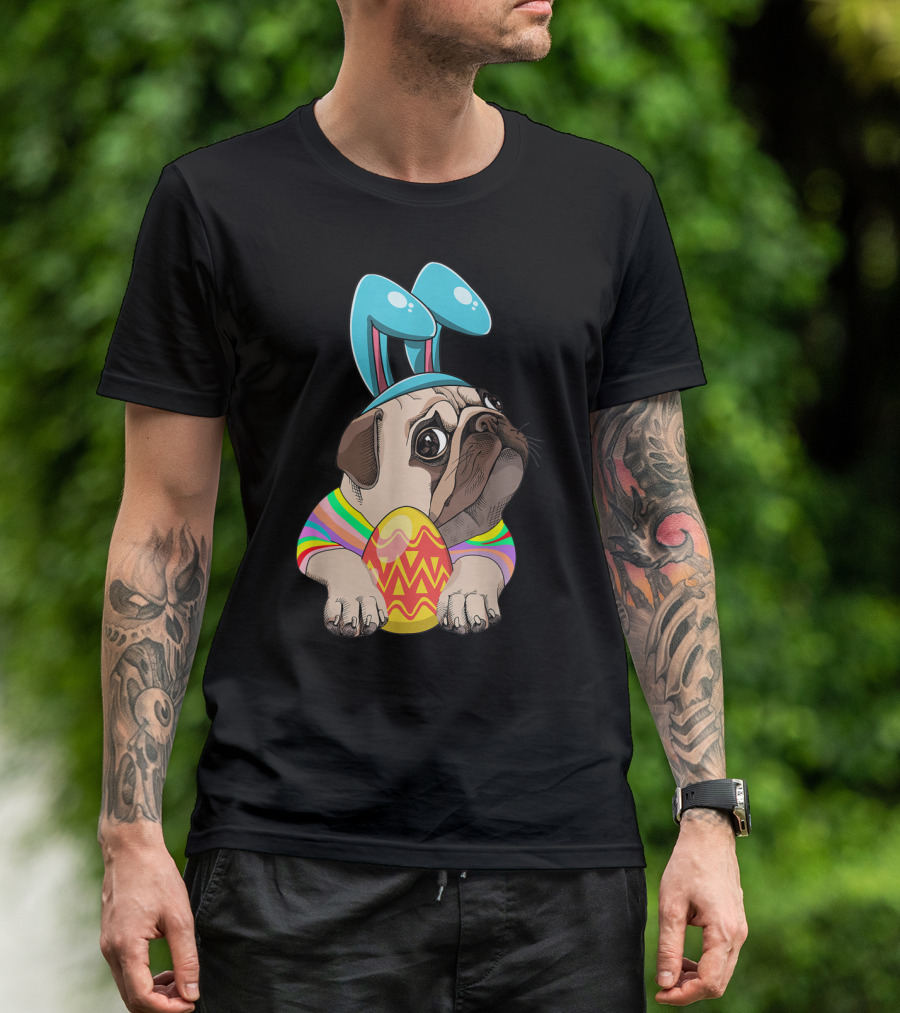 Cute Easter Pug With Bunny Ears Hugging Egg T-Shirt