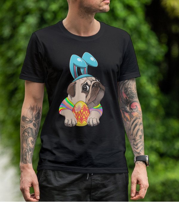 Cute Easter Pug With Bunny Ears Hugging Egg T-Shirt