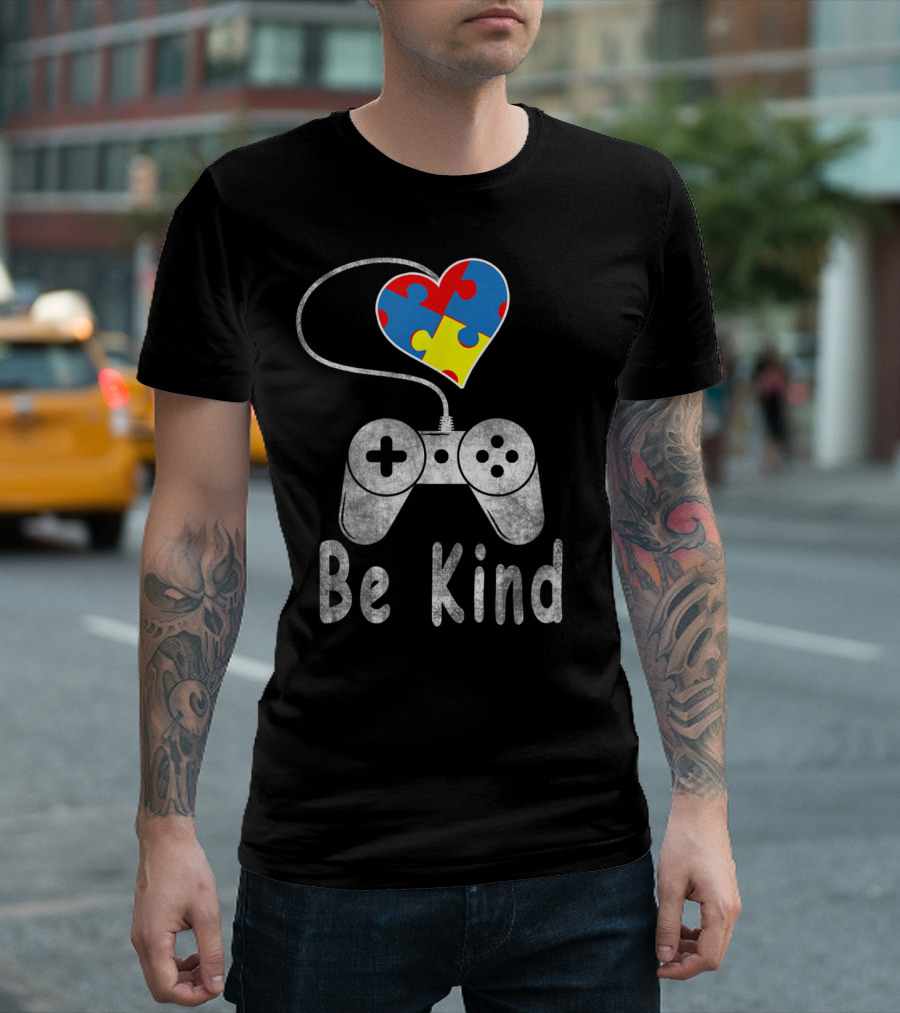 Be Kind Autism Awareness Puzzle Piece Heart Video Game Controller T-Shirt