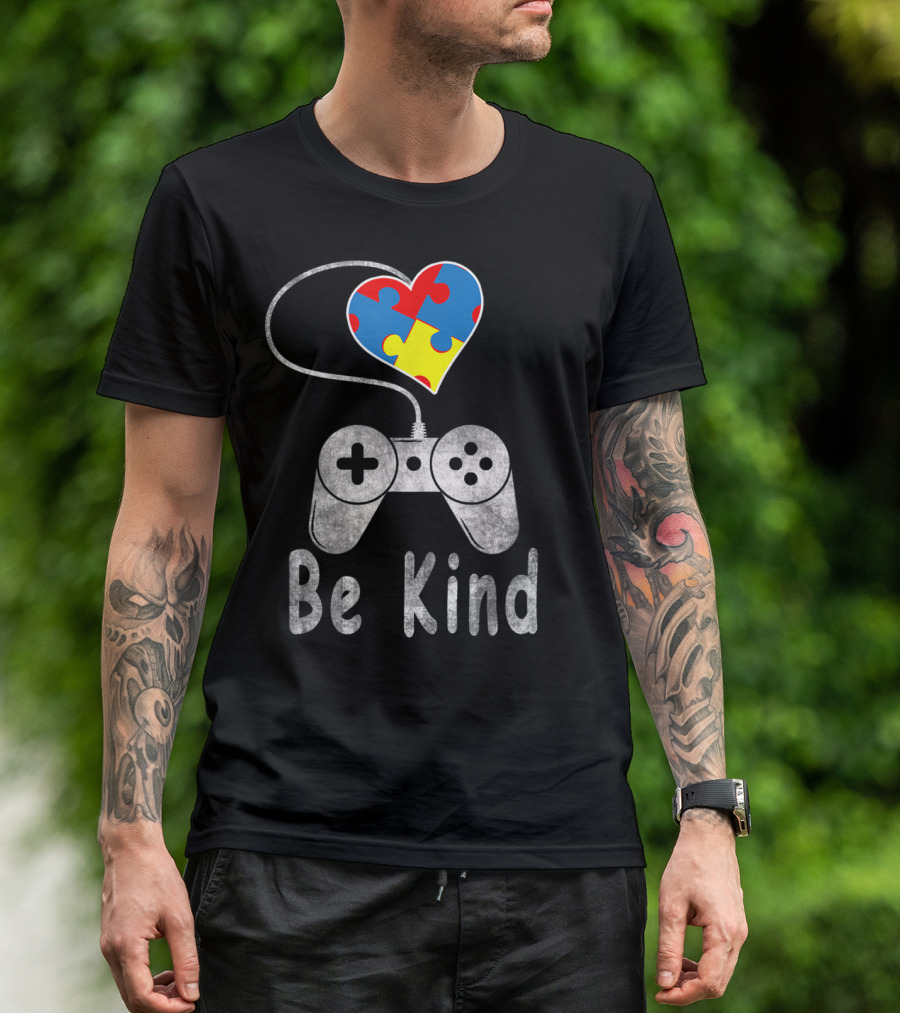 Be Kind Autism Awareness Puzzle Piece Heart Video Game Controller T-Shirt