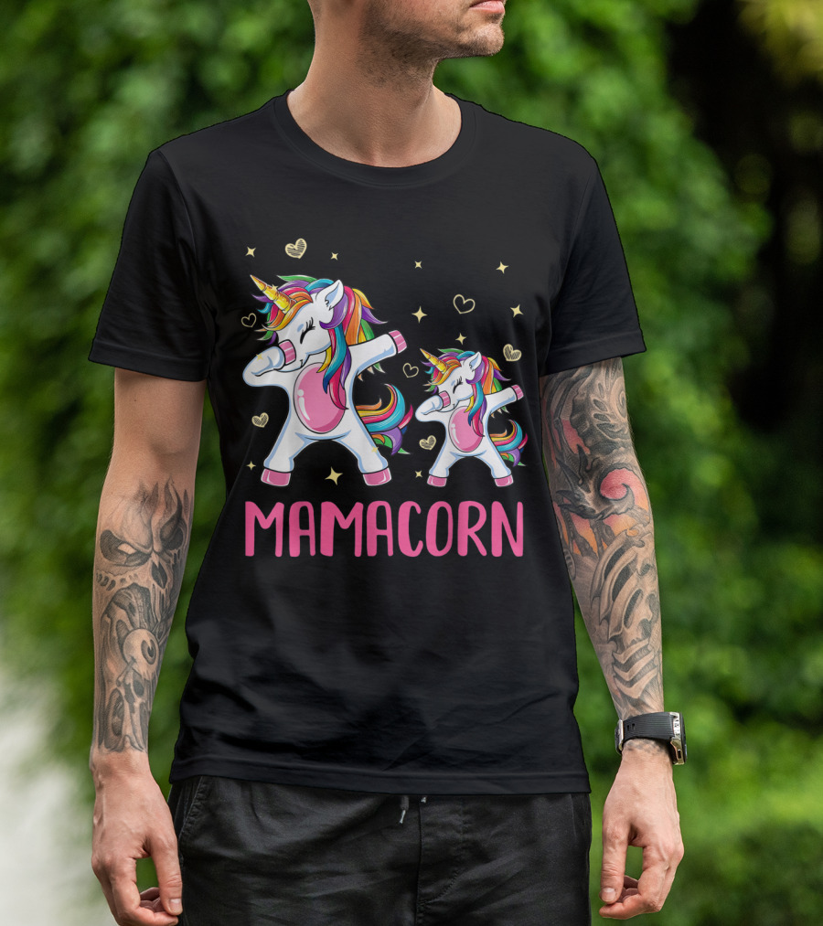 Colorful Dabbing Unicorns Mamacorn With Rainbow Hair And Hearts T-Shirt
