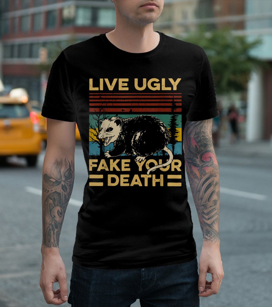 Live Ugly Fake Your Death Funny Vintage Opossum Retro Stripes Forest Scene T-Shirt