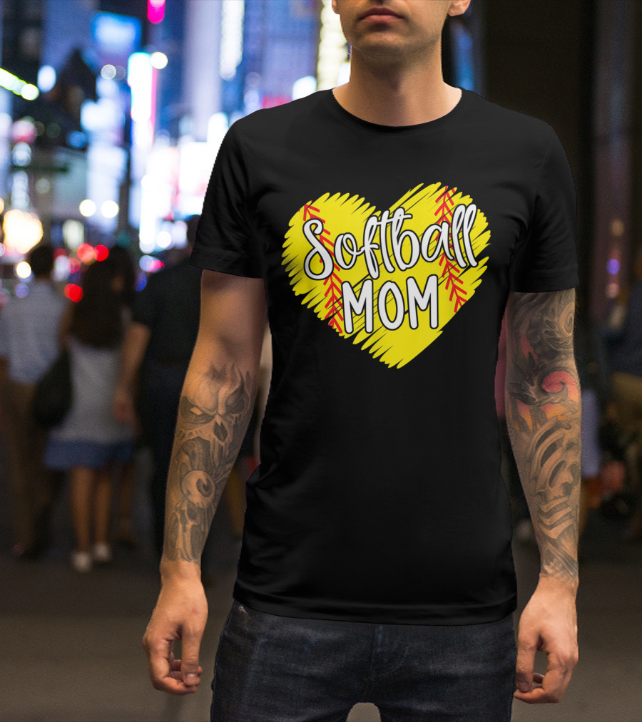 Softball Mom Heart Yellow Red Stitching Baller Mama T-Shirt