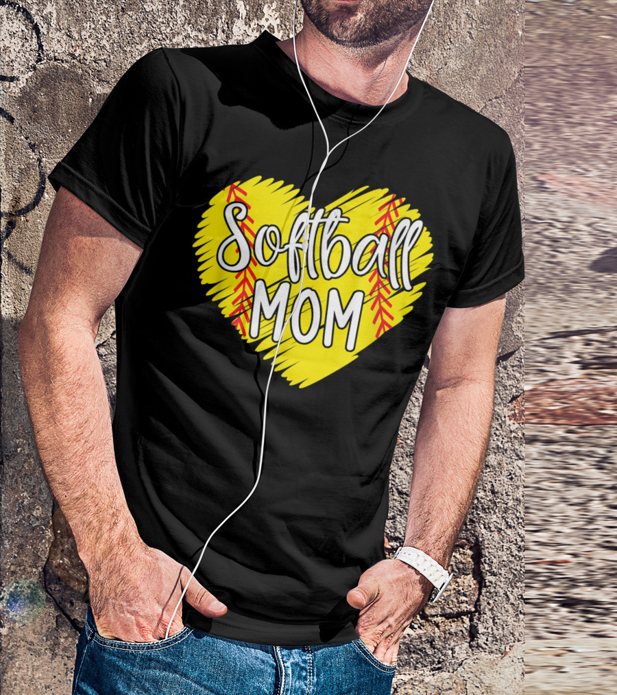 Softball Mom Heart Yellow Red Stitching Baller Mama T-Shirt