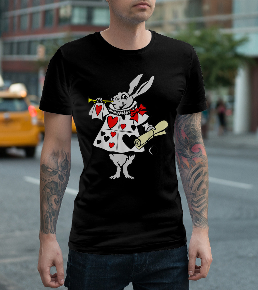 Alice in Wonderland White Rabbit Playing Trumpet with Hearts and Scroll T-Shirt