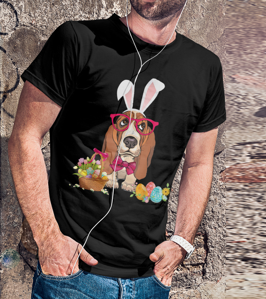 Basset Hound Bunny Rabbit With Glasses And Easter Egg Basket T-Shirt