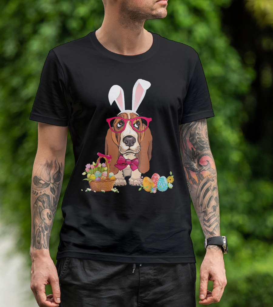 Basset Hound Bunny Rabbit With Glasses And Easter Egg Basket T-Shirt