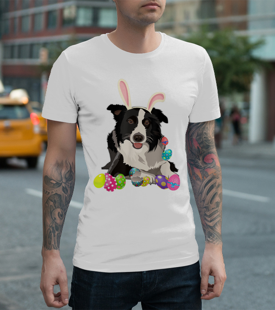 Border Collie Dog in Bunny Rabbit Hat with Colorful Easter Eggs T-Shirt
