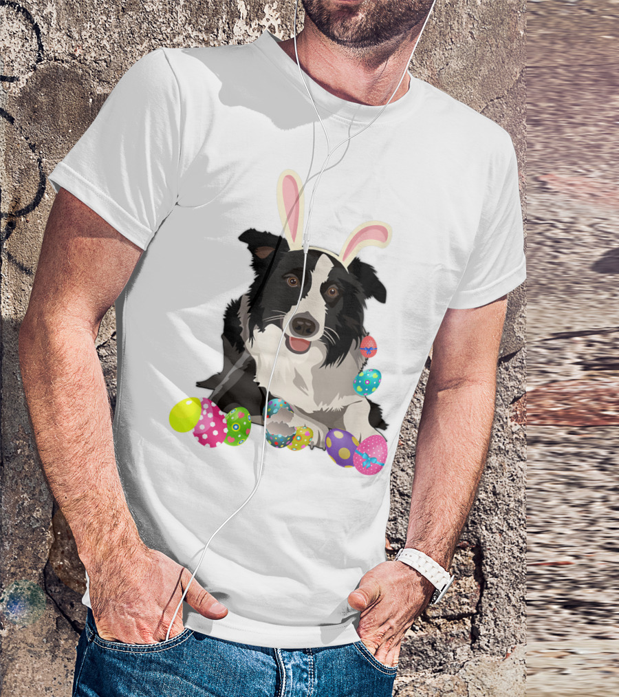 Border Collie Dog In Bunny Rabbit Hat With Colorful Easter Eggs T-Shirt