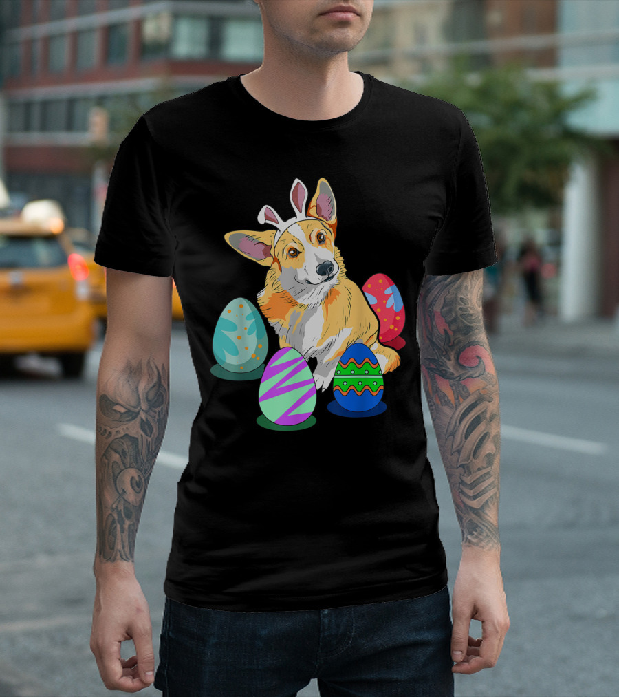 Cute Easter Corgi with Colorful Easter Eggs and Bunny Ears T-Shirt