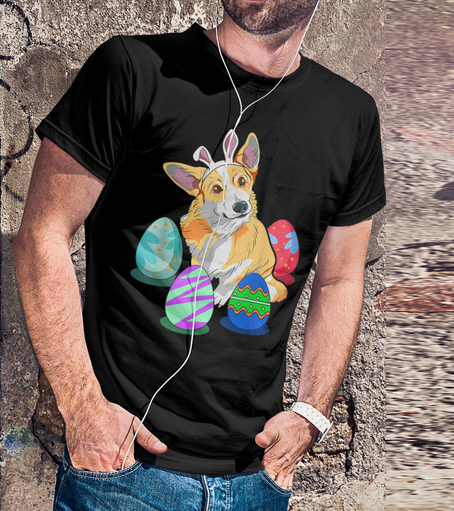 Cute Easter Corgi With Colorful Easter Eggs And Bunny Ears T-Shirt