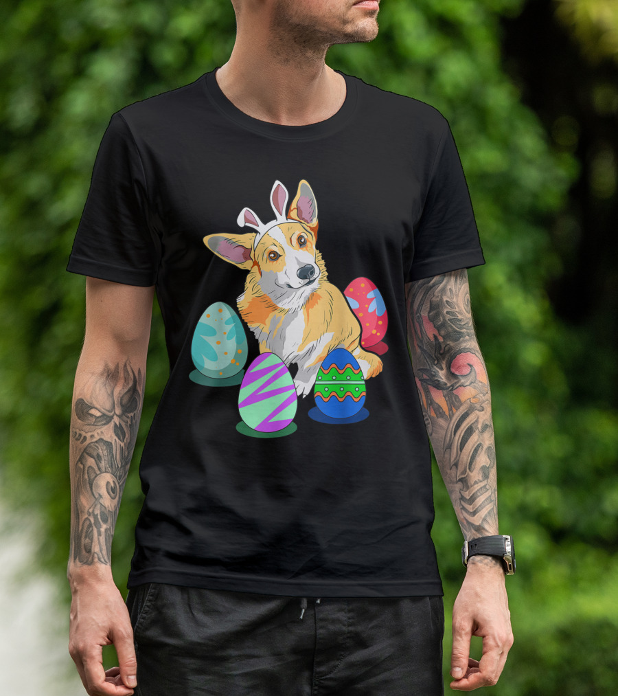 Cute Easter Corgi With Colorful Easter Eggs And Bunny Ears T-Shirt