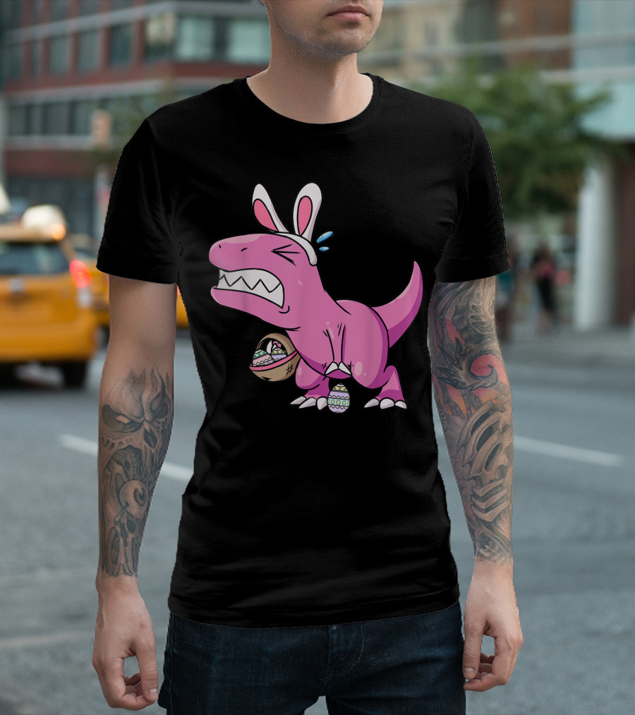 Easter Dinosaur Rex Egg Hunt Is On Funny T-Rex With Bunny Ears And Basket T-Shirt