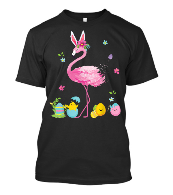 Easter Flamingo With Bunny Ears And Colorful Eggs T-Shirt