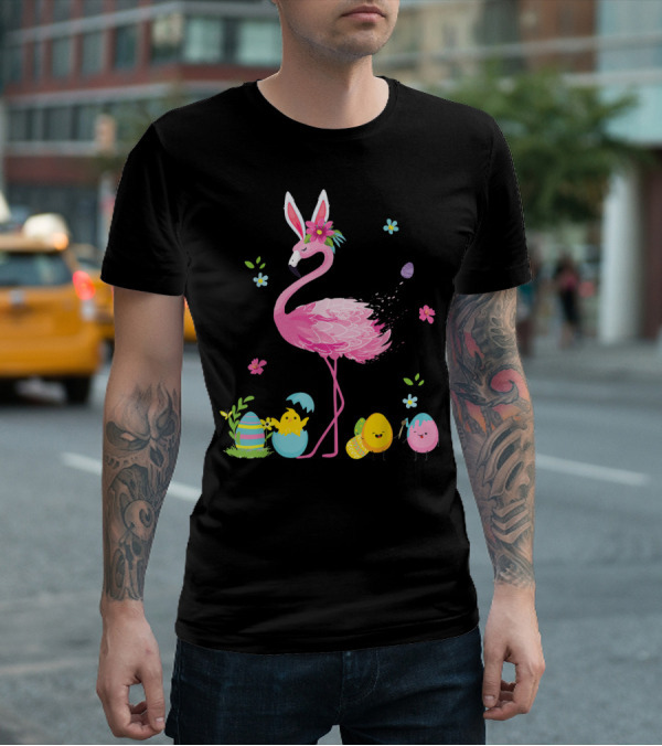 Easter Flamingo With Bunny Ears And Colorful Eggs T-Shirt