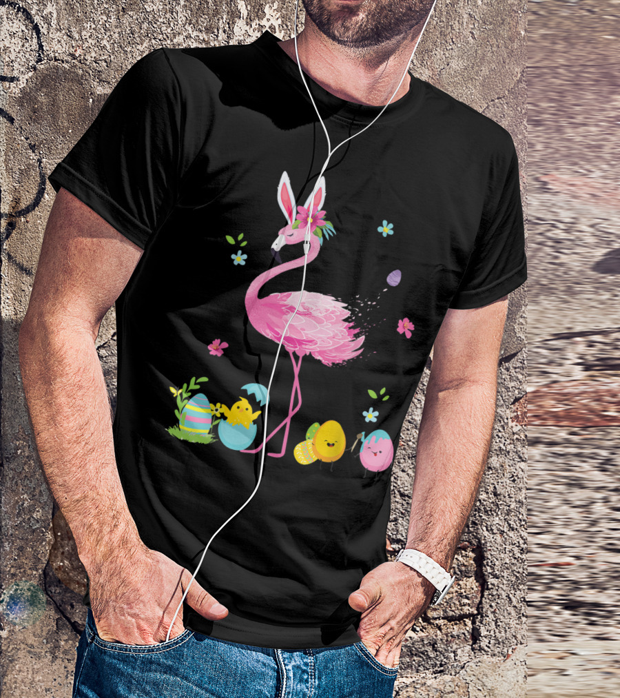 Easter Flamingo With Bunny Ears And Colorful Eggs T-Shirt