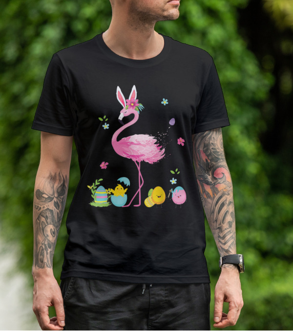 Easter Flamingo With Bunny Ears And Colorful Eggs T-Shirt