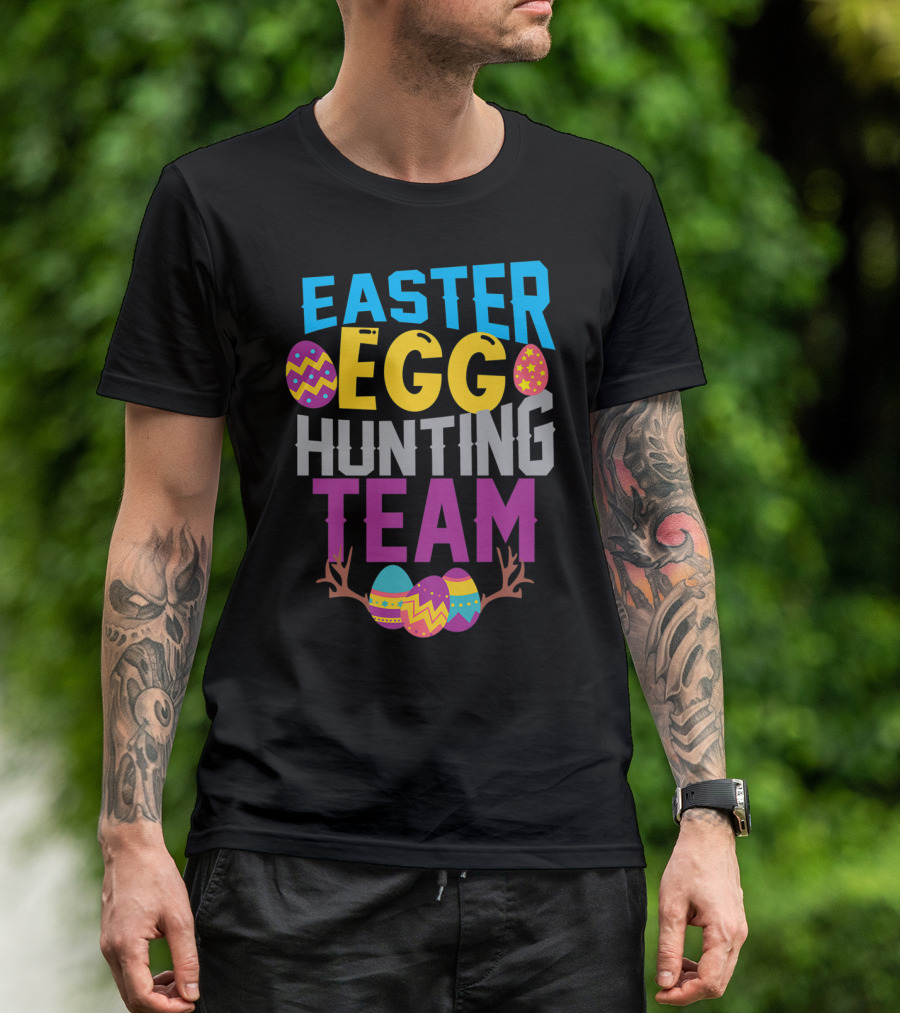 Easter Egg Hunting Team With Colorful Eggs And Antlers T-Shirt