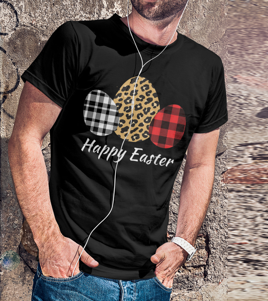 Happy Easter Eggs Buffalo Plaid Red Leopard T-Shirt