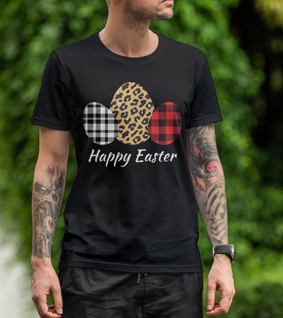 Happy Easter Eggs Buffalo Plaid Red Leopard T-Shirt