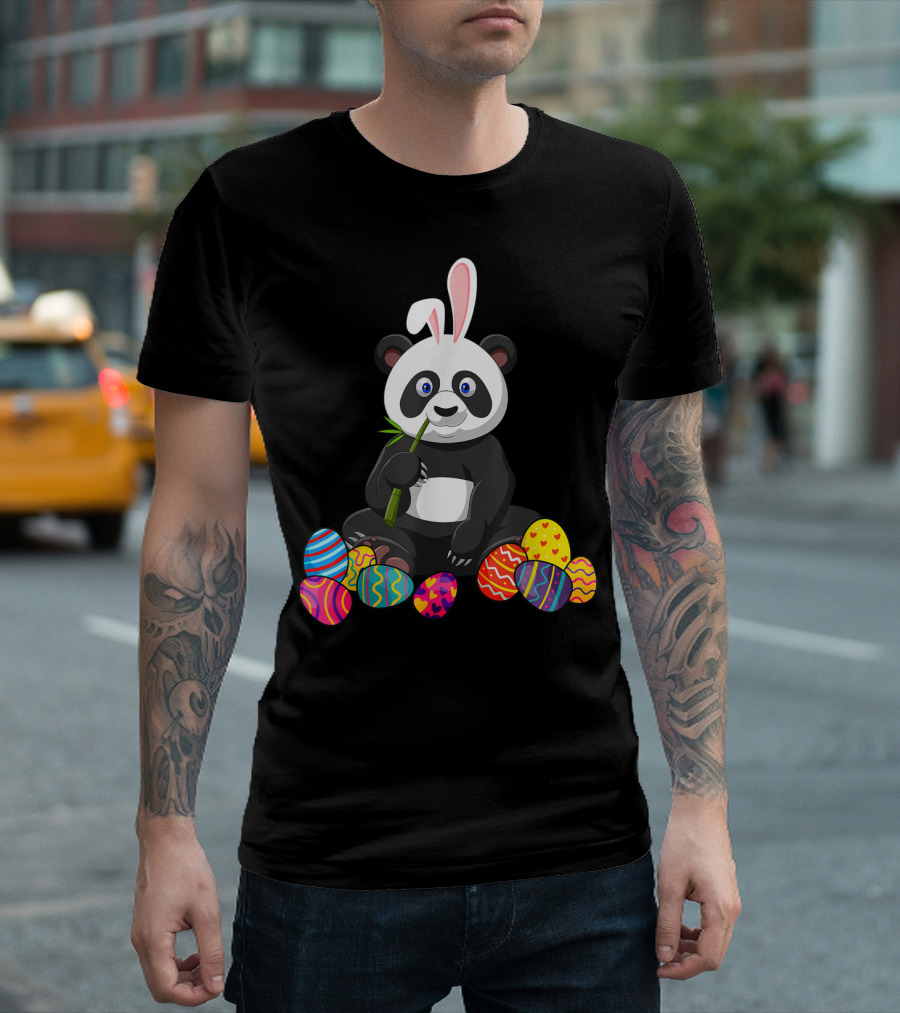 Panda Bunny Ear Eating Bamboo With Colorful Easter Eggs T-Shirt