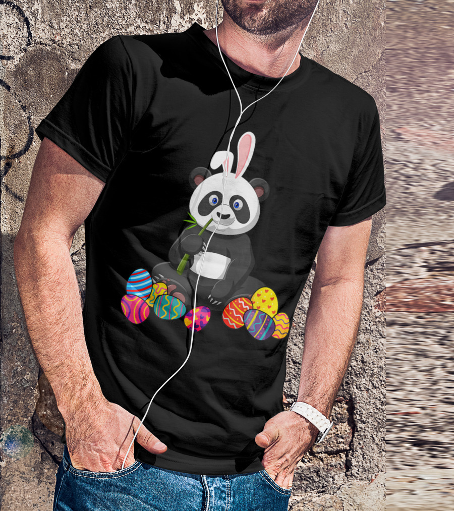 Panda Bunny Ear Eating Bamboo With Colorful Easter Eggs T-Shirt
