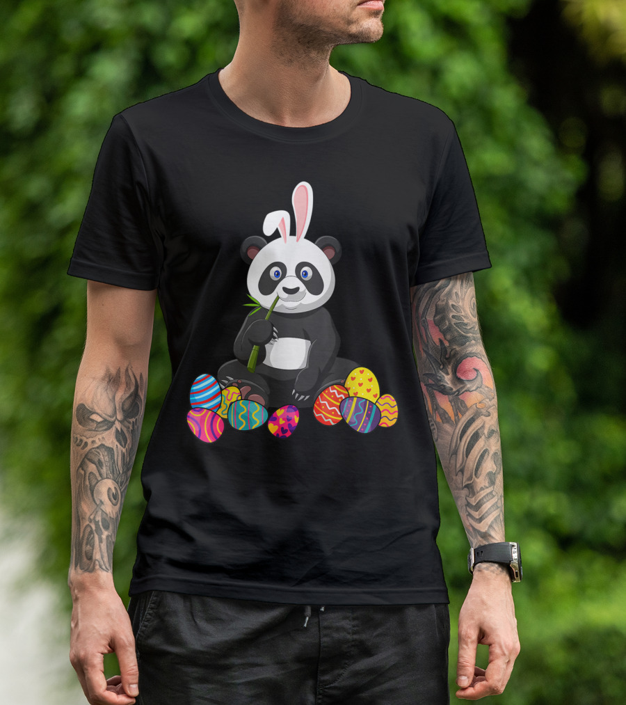 Panda Bunny Ear Eating Bamboo With Colorful Easter Eggs T-Shirt