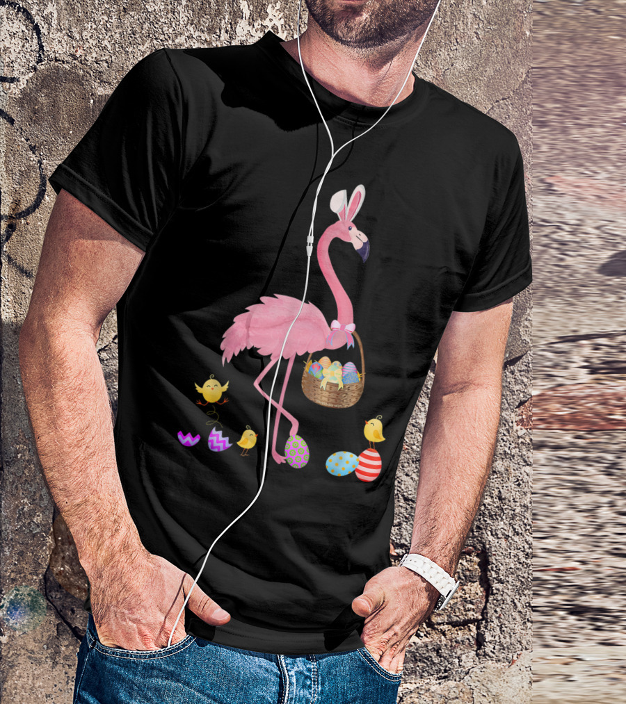 Pretty Easter Flamingo With Basket And Colorful Eggs T-Shirt