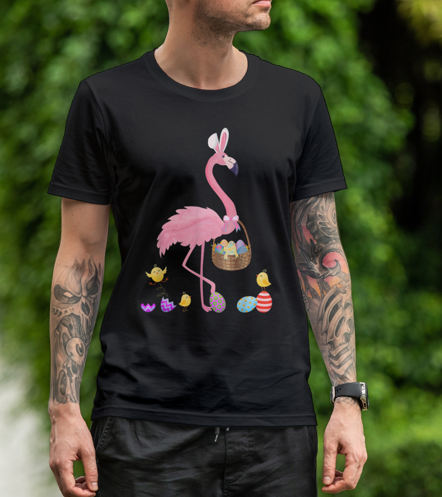 Pretty Easter Flamingo With Basket And Colorful Eggs T-Shirt