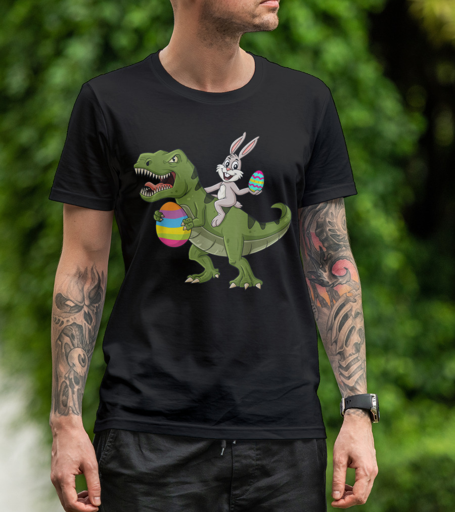 Rabbit On Dinosaur Holding Colorful Easter Eggs T-Shirt