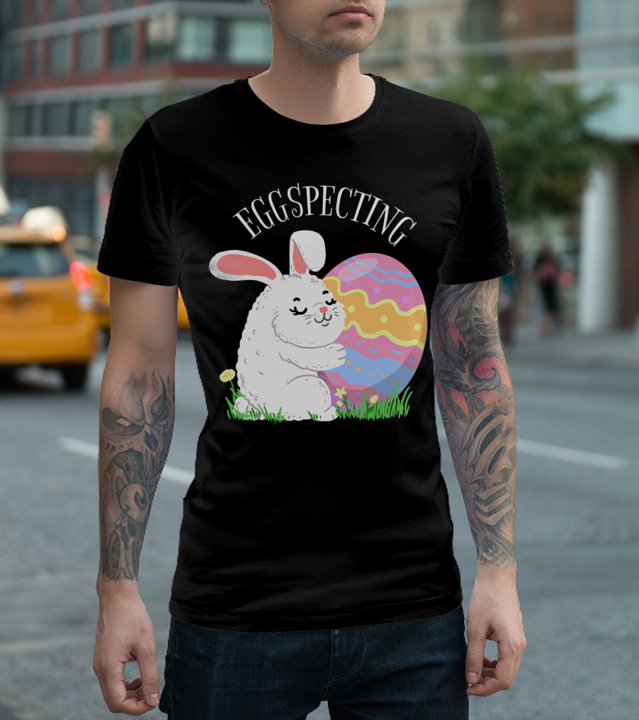 Eggspecting Easter Bunny Hugging Colorful Egg Pregnancy Announcement T-Shirt