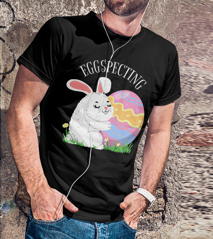 Eggspecting Easter Bunny Hugging Colorful Egg Pregnancy Announcement T-Shirt