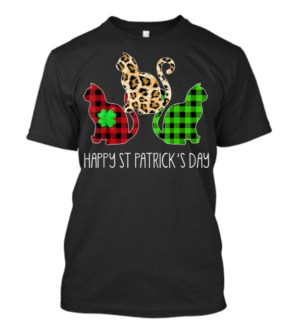 Happy St Patrick’s Day Leopard Buffalo Plaid Cat Trio T-Shirt