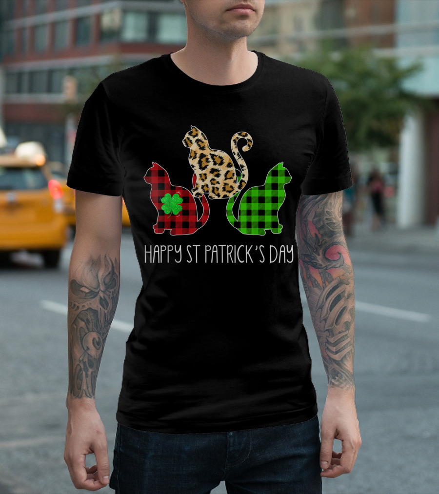 Happy St Patrick’s Day Leopard Buffalo Plaid Cat Trio T-Shirt