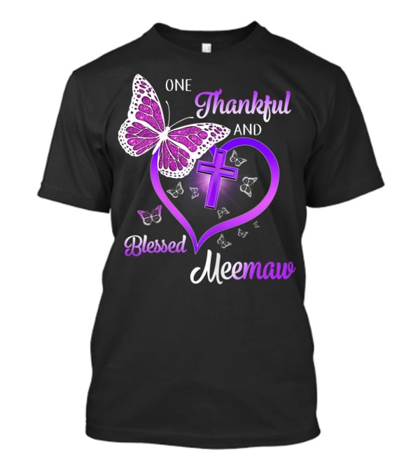 One Thankful And Blessed Meemaw Butterfly Cross Heart T-Shirt
