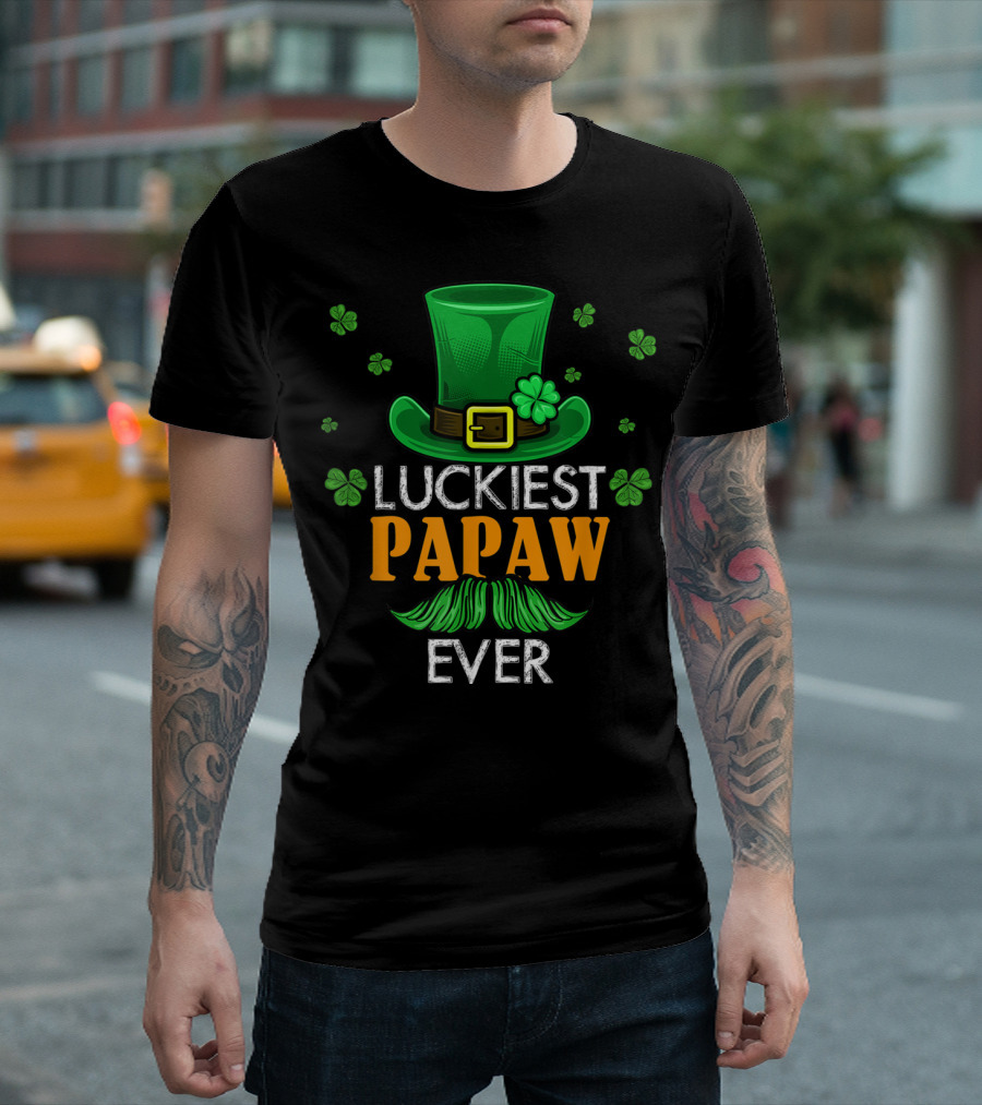 Luckiest Papaw Ever Green Leprechaun Hat Shamrocks T-Shirt