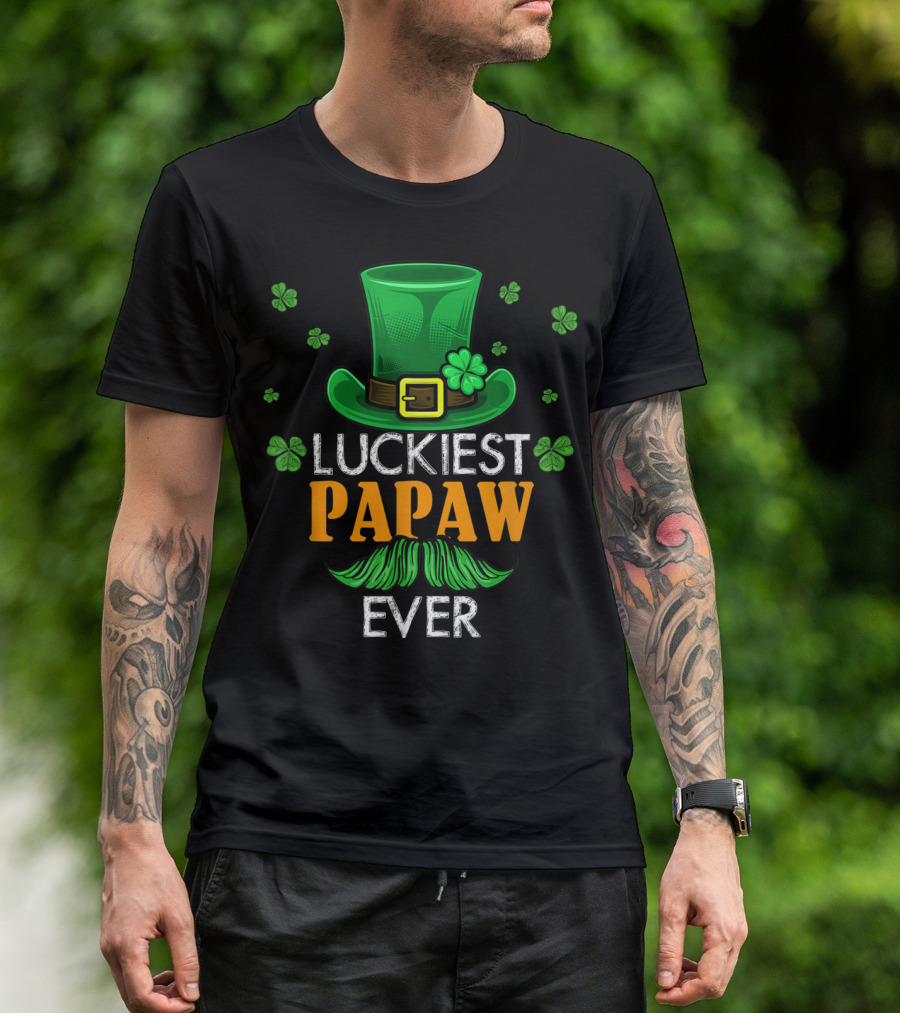 Luckiest Papaw Ever Green Leprechaun Hat Shamrocks T-Shirt