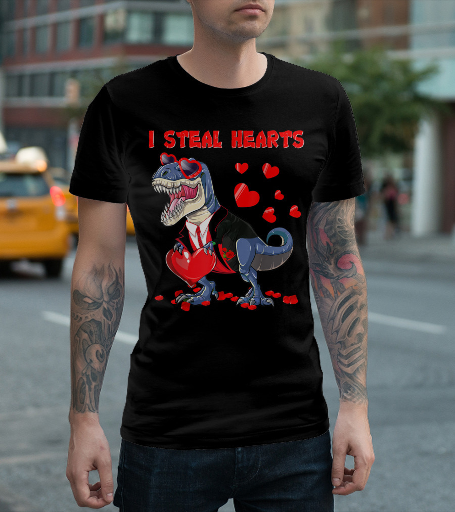 I Steal Hearts Valentines Day Dinosaur in Tuxedo with Hearts T-Shirt