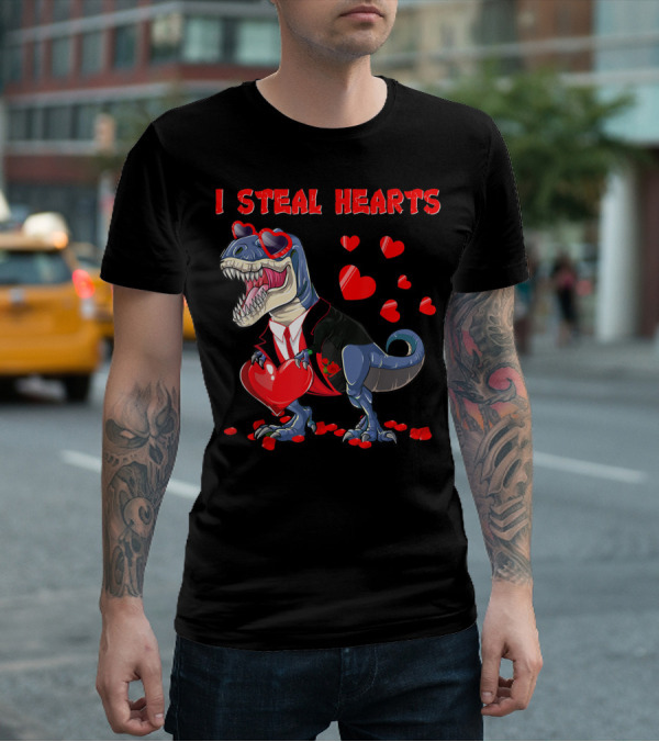 I Steal Hearts Valentines Day Dinosaur In Tuxedo With Hearts T-Shirt