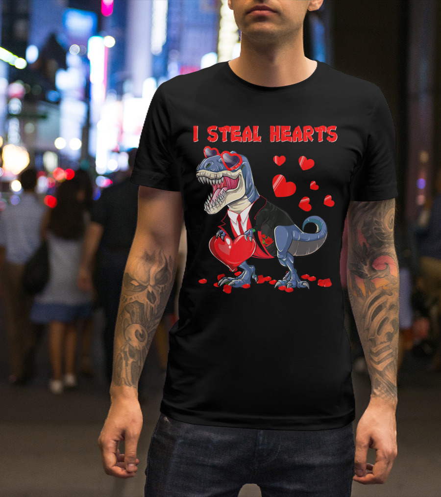 I Steal Hearts Valentines Day Dinosaur In Tuxedo With Hearts T-Shirt
