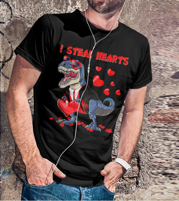 I Steal Hearts Valentines Day Dinosaur In Tuxedo With Hearts T-Shirt