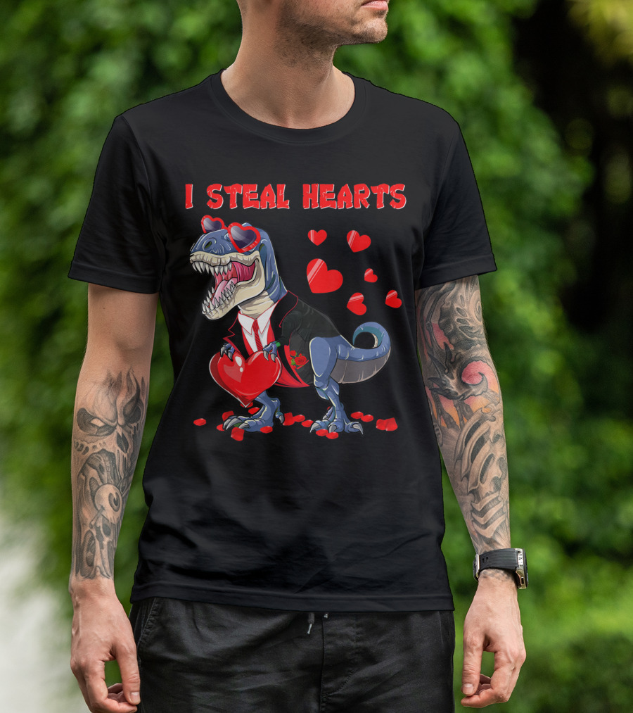 I Steal Hearts Valentines Day Dinosaur In Tuxedo With Hearts T-Shirt
